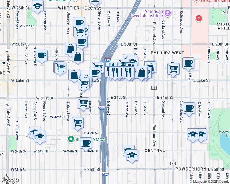 map of restaurants, bars, coffee shops, grocery stores, and more near 3024 3rd Avenue South in Minneapolis