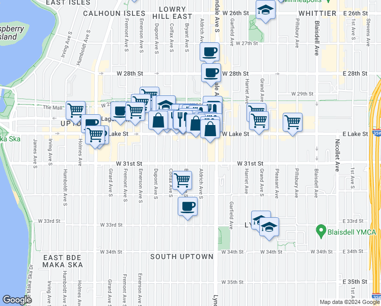 map of restaurants, bars, coffee shops, grocery stores, and more near 3046 Bryant Avenue South in Minneapolis