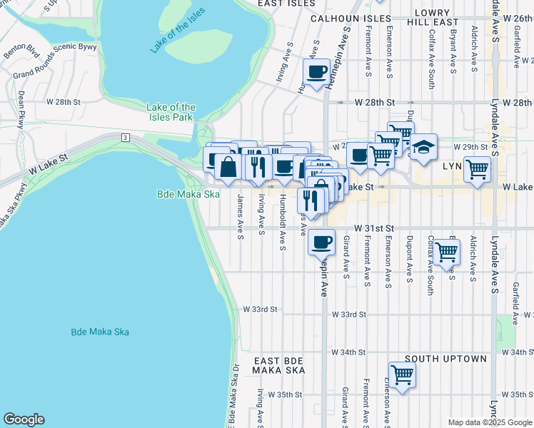 map of restaurants, bars, coffee shops, grocery stores, and more near 3020 Irving Avenue South in Minneapolis