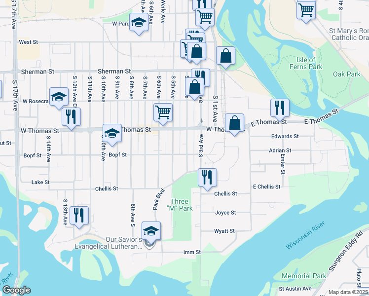 map of restaurants, bars, coffee shops, grocery stores, and more near 1126 South 4th Avenue in Wausau