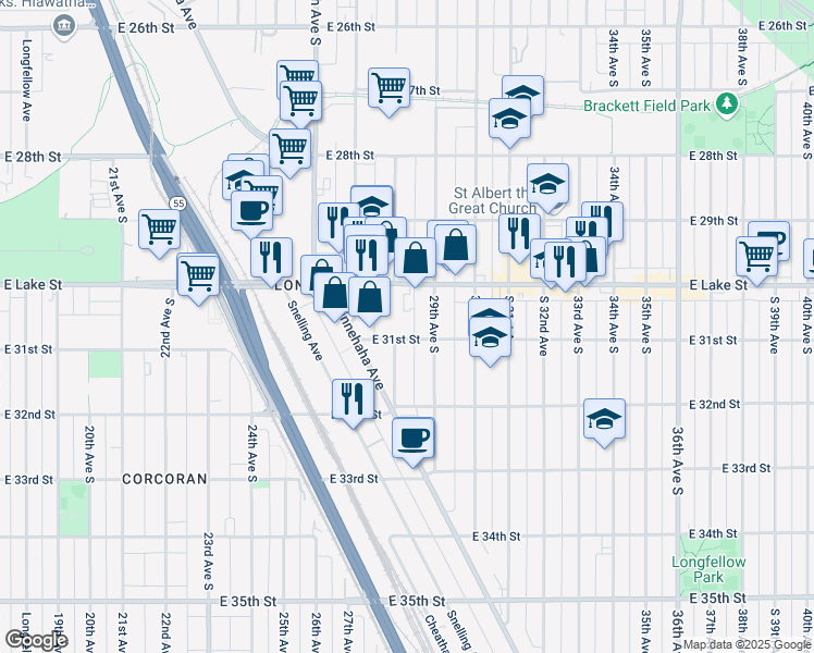 map of restaurants, bars, coffee shops, grocery stores, and more near 2800 East 31st Street in Minneapolis
