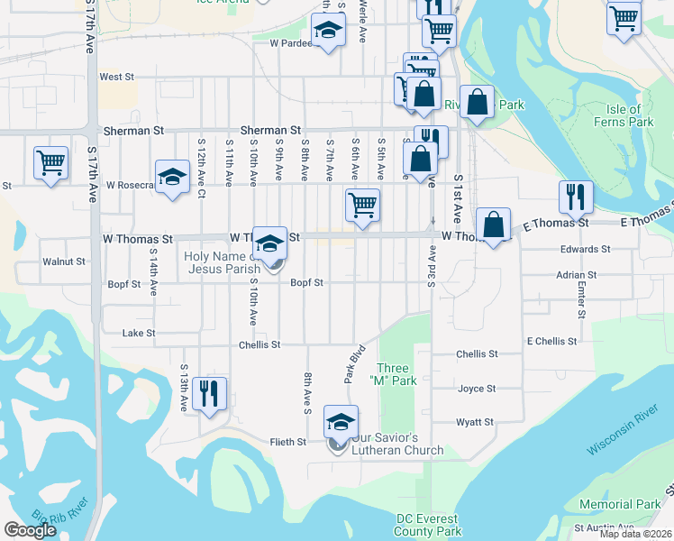 map of restaurants, bars, coffee shops, grocery stores, and more near 1122 South 7th Avenue in Wausau