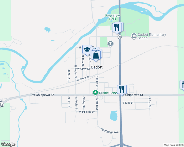 map of restaurants, bars, coffee shops, grocery stores, and more near 257 North Maple Street in Cadott