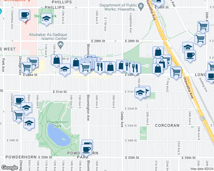 map of restaurants, bars, coffee shops, grocery stores, and more near 3033 17th Avenue South in Minneapolis