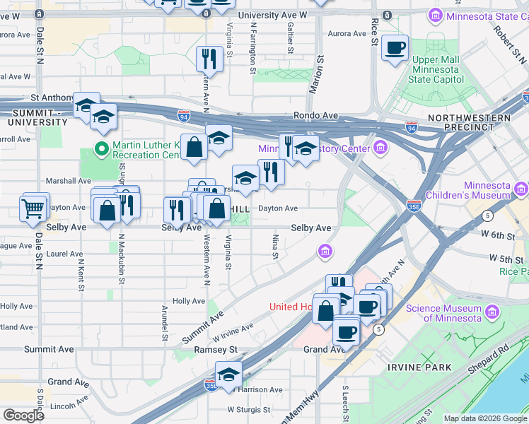 map of restaurants, bars, coffee shops, grocery stores, and more near 300 Dayton Ave in St Paul