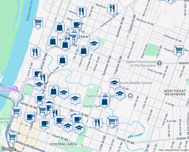 map of restaurants, bars, coffee shops, grocery stores, and more near 815 D Street Northeast in Salem