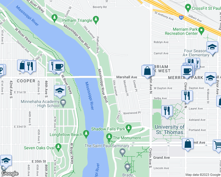 map of restaurants, bars, coffee shops, grocery stores, and more near 205 Otis Avenue in Saint Paul