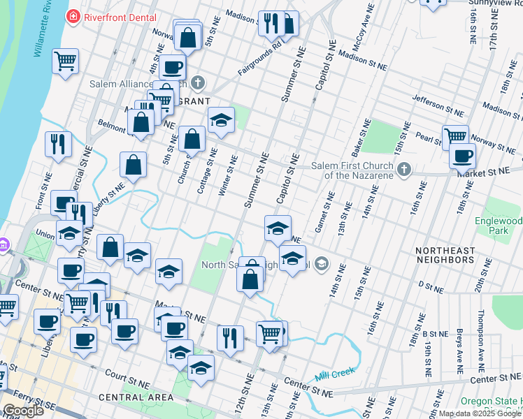 map of restaurants, bars, coffee shops, grocery stores, and more near 960 E Street Northeast in Salem