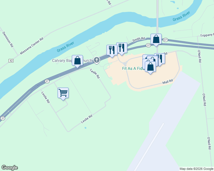 map of restaurants, bars, coffee shops, grocery stores, and more near 287 Leslie Rd in Massena