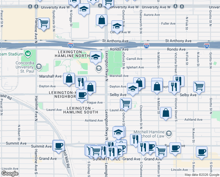 map of restaurants, bars, coffee shops, grocery stores, and more near 1075 Dayton Avenue in Saint Paul