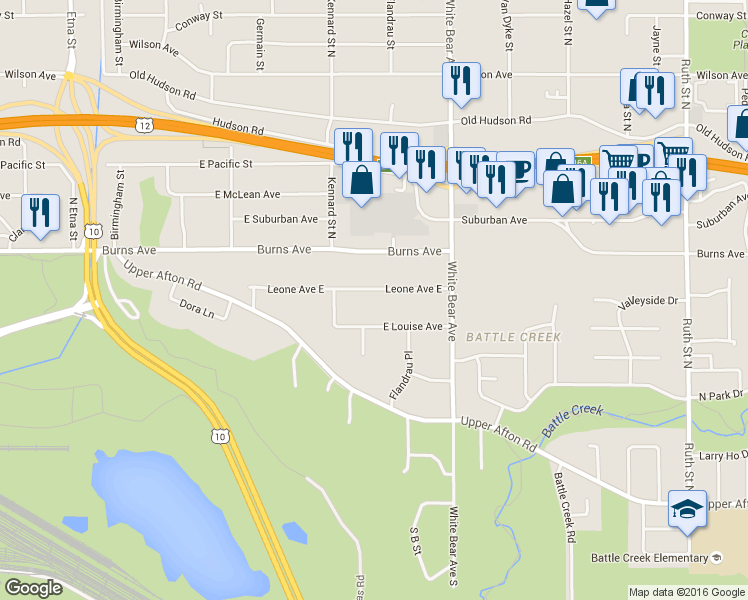 map of restaurants, bars, coffee shops, grocery stores, and more near 1704 Leone Avenue East in Saint Paul