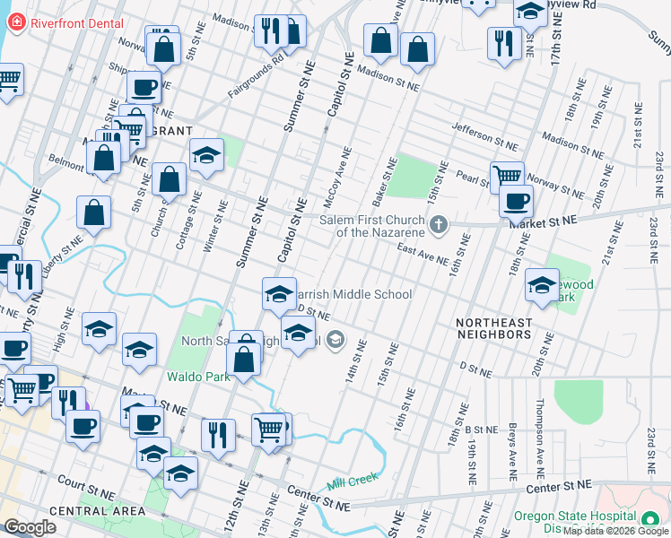 map of restaurants, bars, coffee shops, grocery stores, and more near 1065 Garnet Street Northeast in Salem
