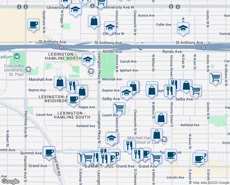 map of restaurants, bars, coffee shops, grocery stores, and more near 1042 Dayton Avenue in Saint Paul