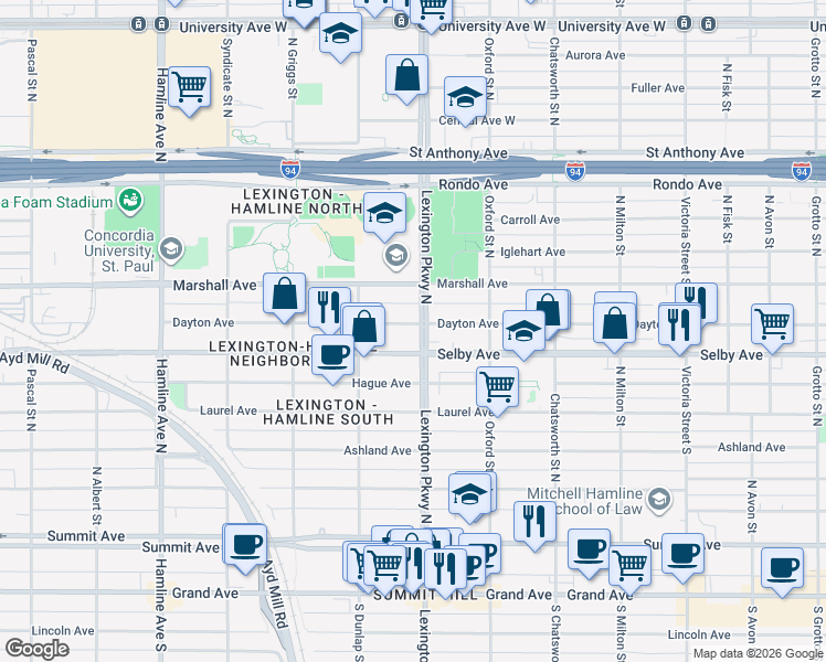 map of restaurants, bars, coffee shops, grocery stores, and more near 201 Lexington Parkway North in Saint Paul