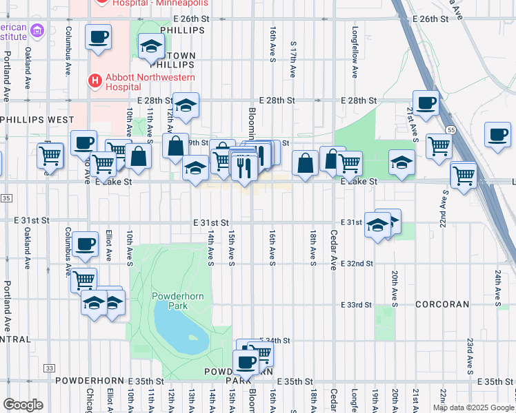 map of restaurants, bars, coffee shops, grocery stores, and more near 3033 Bloomington Avenue in Minneapolis