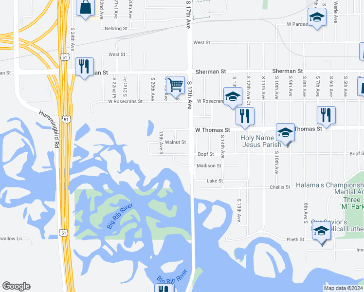 map of restaurants, bars, coffee shops, grocery stores, and more near 1705 Walnut Street in Wausau