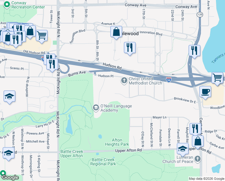 map of restaurants, bars, coffee shops, grocery stores, and more near 2439 Brookview Drive East in Saint Paul