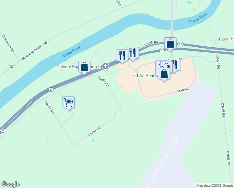 map of restaurants, bars, coffee shops, grocery stores, and more near 287 Leslie Rd in Massena