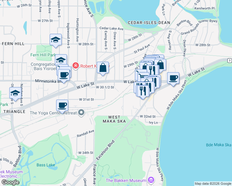 map of restaurants, bars, coffee shops, grocery stores, and more near 3046 Lake Shore Drive in Minneapolis