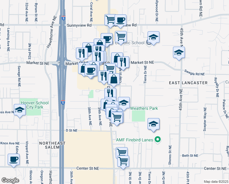 map of restaurants, bars, coffee shops, grocery stores, and more near 1480 Lancaster Drive Northeast in Salem