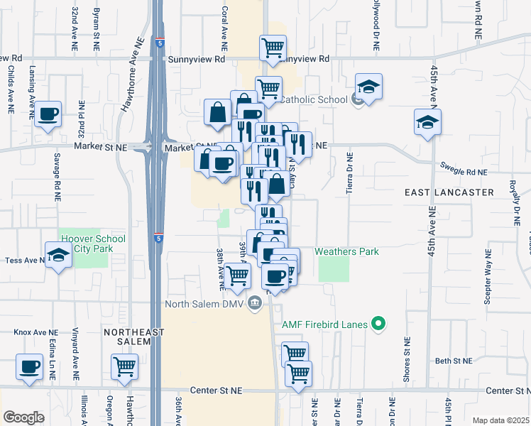 map of restaurants, bars, coffee shops, grocery stores, and more near 1480 Lancaster Drive Northeast in Salem