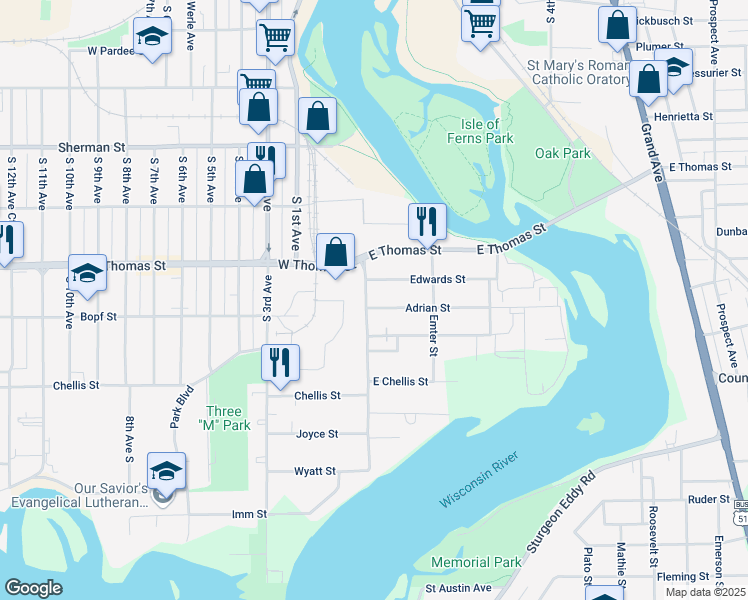 map of restaurants, bars, coffee shops, grocery stores, and more near 1300 Cleveland Avenue in Wausau