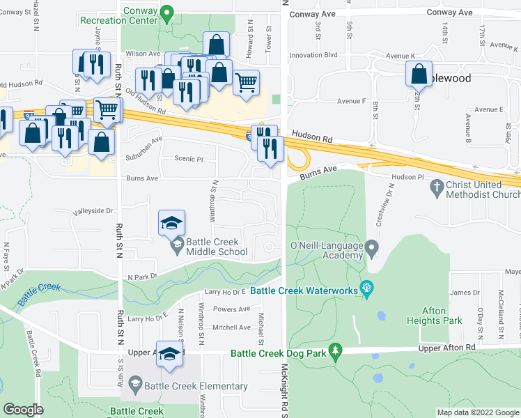 map of restaurants, bars, coffee shops, grocery stores, and more near 175 McKnight Road North in Saint Paul