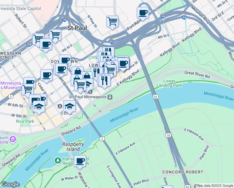 map of restaurants, bars, coffee shops, grocery stores, and more near 10 East Kellogg Boulevard in Saint Paul