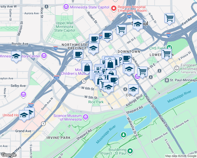 map of restaurants, bars, coffee shops, grocery stores, and more near 30 East 7th Street in Saint Paul