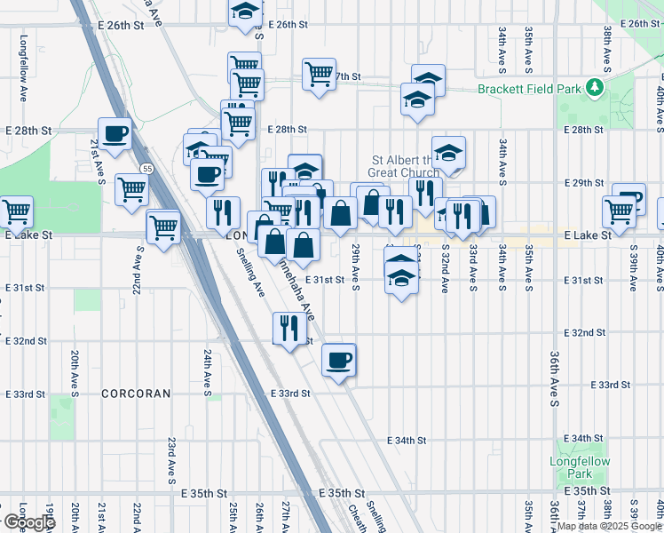 map of restaurants, bars, coffee shops, grocery stores, and more near 2800 East 31st Street in Minneapolis