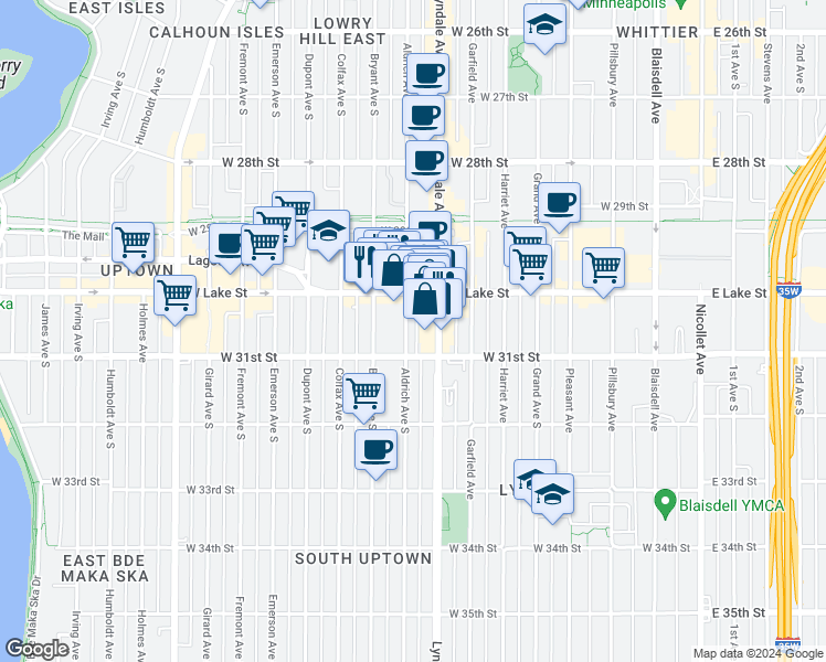 map of restaurants, bars, coffee shops, grocery stores, and more near 3024 Aldrich Avenue South in Minneapolis