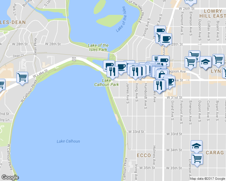 map of restaurants, bars, coffee shops, grocery stores, and more near 3021 East Bde Maka Ska Parkway in Minneapolis