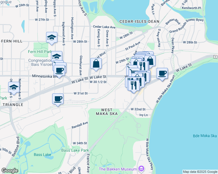 map of restaurants, bars, coffee shops, grocery stores, and more near 3044 Lake Shore Drive in Minneapolis
