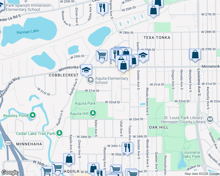 map of restaurants, bars, coffee shops, grocery stores, and more near 3035 Virginia Avenue South in St. Louis Park