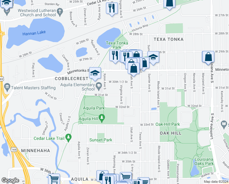map of restaurants, bars, coffee shops, grocery stores, and more near 3035 Virginia Avenue South in St. Louis Park