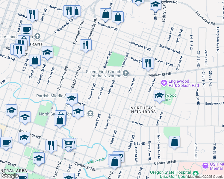 map of restaurants, bars, coffee shops, grocery stores, and more near 1160 14th Street Northeast in Salem