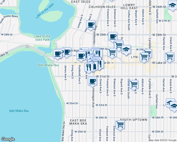 map of restaurants, bars, coffee shops, grocery stores, and more near 3024 Hennepin Avenue in Minneapolis