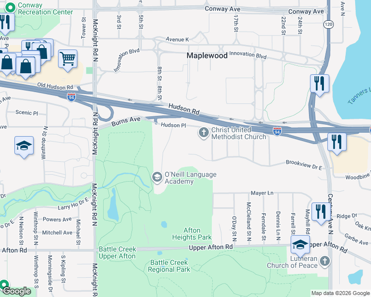 map of restaurants, bars, coffee shops, grocery stores, and more near 2439 Brookview Drive East in Saint Paul