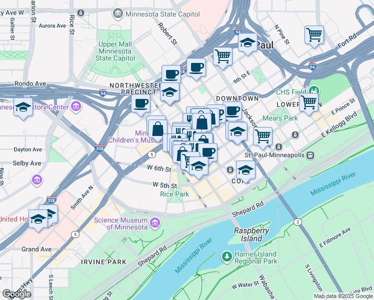map of restaurants, bars, coffee shops, grocery stores, and more near West 7th Place in Saint Paul