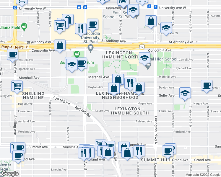 map of restaurants, bars, coffee shops, grocery stores, and more near 1252 Dayton Avenue in Saint Paul
