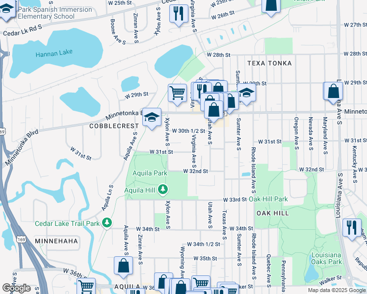 map of restaurants, bars, coffee shops, grocery stores, and more near 3035 Virginia Avenue South in St. Louis Park