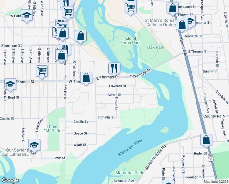 map of restaurants, bars, coffee shops, grocery stores, and more near 1212 Emter St in Wausau