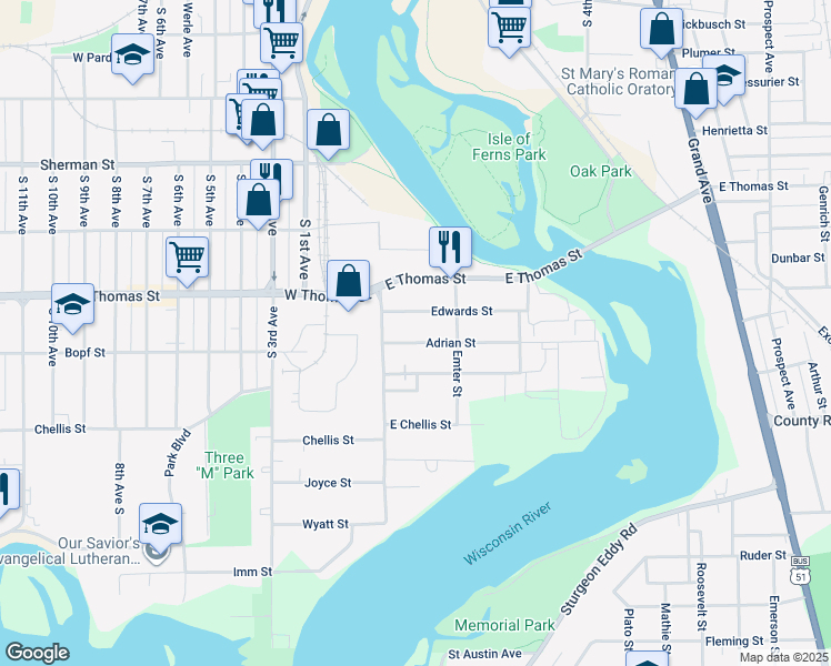 map of restaurants, bars, coffee shops, grocery stores, and more near 120 Adrian Street in Wausau