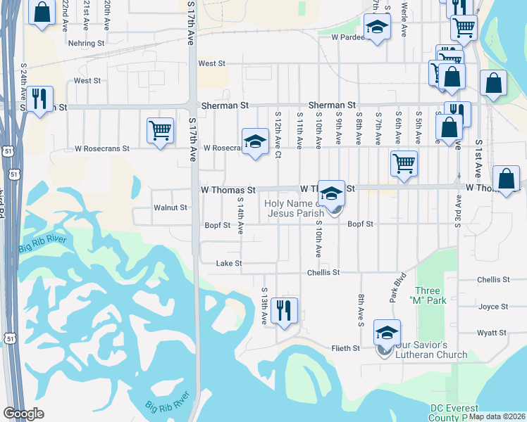 map of restaurants, bars, coffee shops, grocery stores, and more near 1118 South 12th Avenue in Wausau