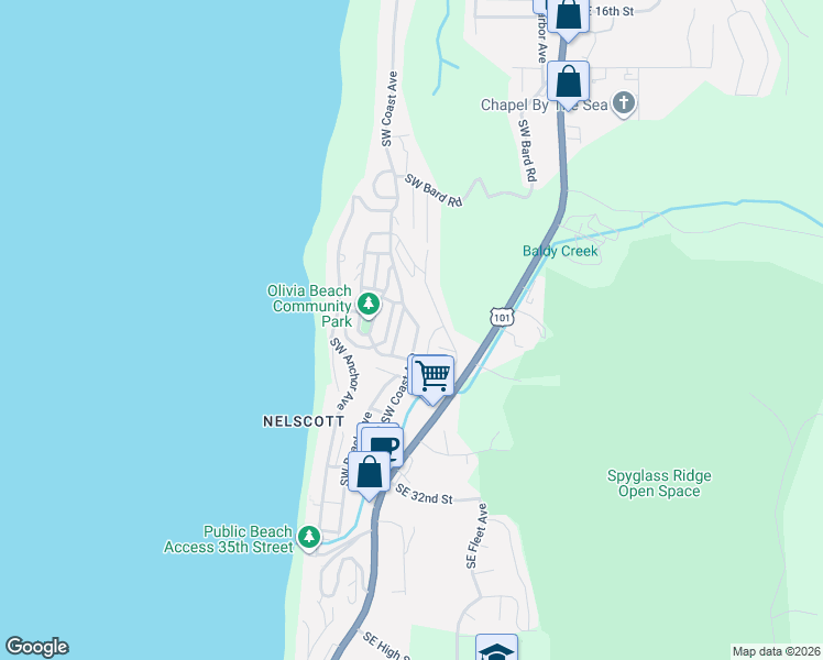 map of restaurants, bars, coffee shops, grocery stores, and more near 2729 Southwest Coast Avenue in Lincoln City