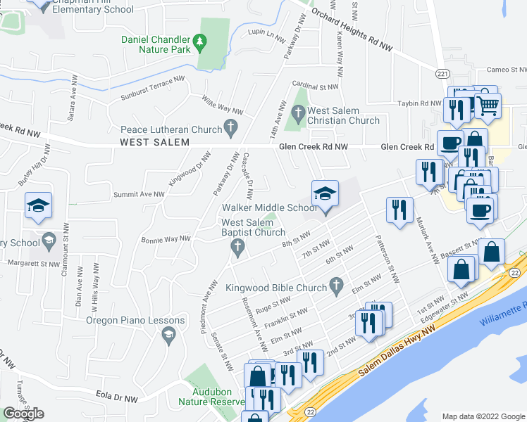 map of restaurants, bars, coffee shops, grocery stores, and more near 1033 Arthur Way Northwest in Salem