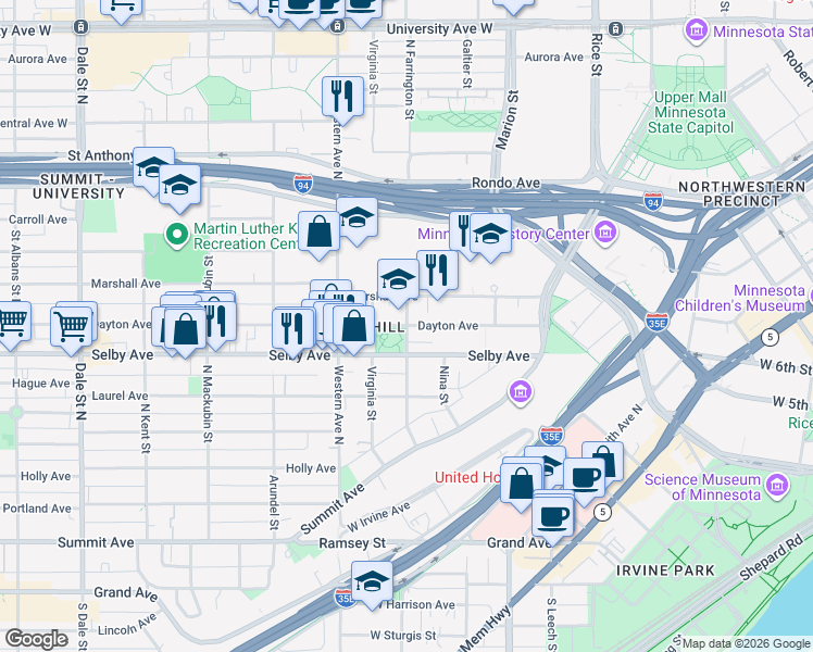 map of restaurants, bars, coffee shops, grocery stores, and more near 320 Dayton Avenue in Saint Paul