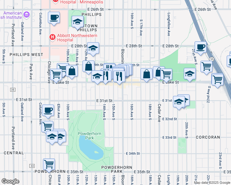 map of restaurants, bars, coffee shops, grocery stores, and more near 3029 South 15th Avenue in Minneapolis