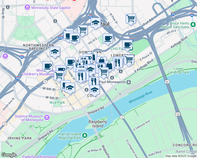 map of restaurants, bars, coffee shops, grocery stores, and more near 360 Robert Street North in Saint Paul