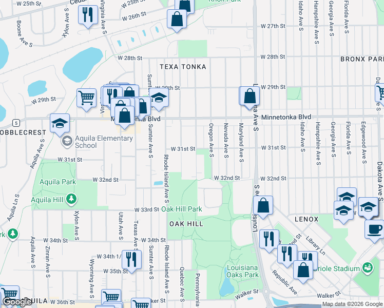 map of restaurants, bars, coffee shops, grocery stores, and more near 3101 Quebec Avenue South in Minneapolis